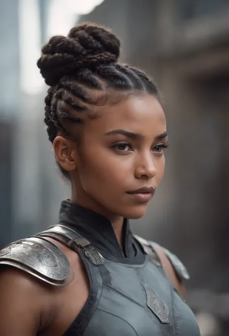 A beautiful young black female Warrior With a braided hair bun, welding a nanotech weapon on a futuristic Battlefield intricate details Masterpiece quality Dynamic lighting hyper realistic digital art. ar16:9.