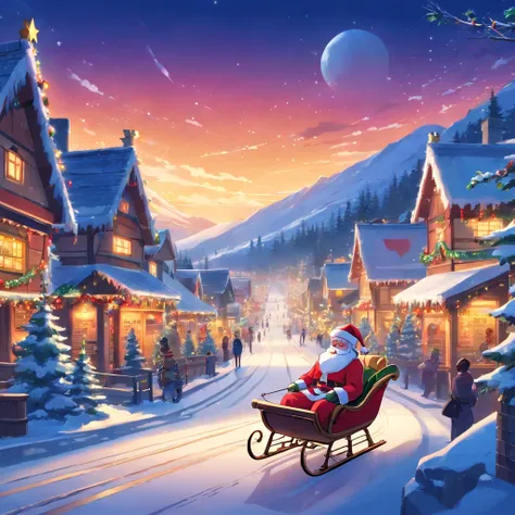 Christmas village with Santa Claus and his sleigh flying over the village, Noite de Natal, Noite de Natal de inverno nevada, Oficina do Papai Noel, arte tradicional, Very high resolution