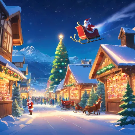 Christmas village with Santa Claus and his sleigh flying over the village, Noite de Natal, Noite de Natal de inverno nevada, Oficina do Papai Noel, arte tradicional, Very high resolution