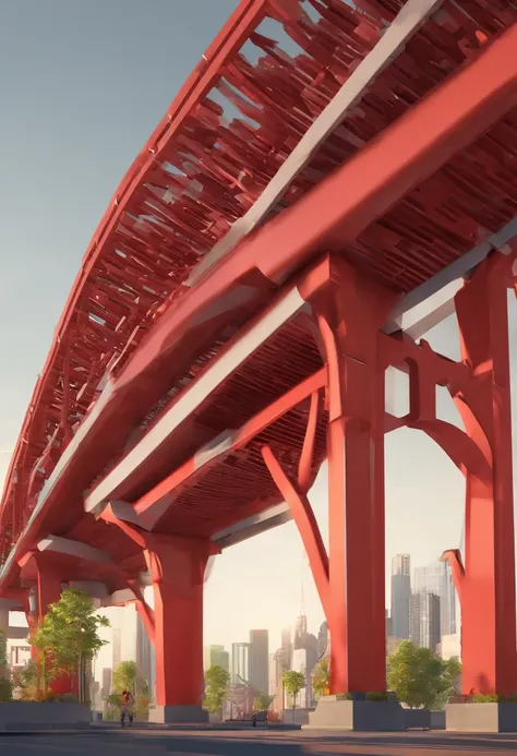 Criar uma cidade com duas pontes uma delas nova cinza, e a outra ponte cantilever vermelha escura, com uma cidade no alto, estilo 3D, Pixar, Disney