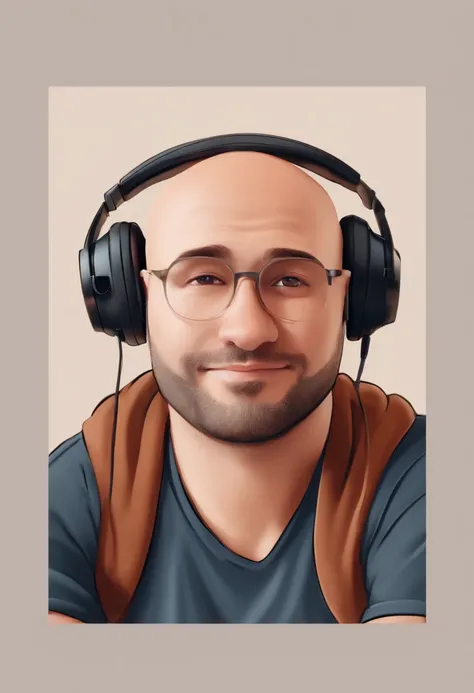 a man, bald, short beard, brown eyes, with headphones, a music studio in background, image in pixar style, 3D Animated Movie Style, disney, black t-shirt