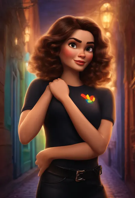 filme Marketing 2023 estilo filmes Pixar, Com nome "N - Marketing", poster, With short, lighter brunette hair and a black t-shirt in front of her crossed arms.