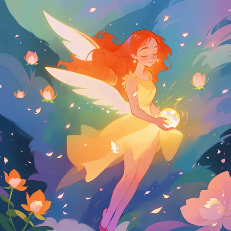 beautiful girl in golden puffy flowing dress, ((layered flower petal skirt)), fairy dress, fairy queen, colorful magical forest background, (glowing fairy wings), glowing flowing ballgown, long wavy red hair, sparkling fairy wings, watercolor illustration,...