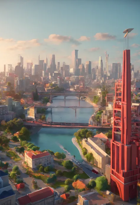 Criar uma cidade com duas pontes uma delas nova cinza, e a outra ponte cantilever vermelha escura, com uma cidade no alto, estilo 3D, Pixar, Disney