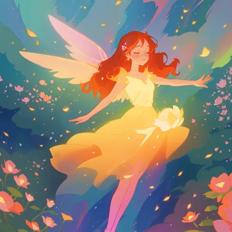 beautiful girl in golden puffy flowing dress, ((layered flower petal skirt)), fairy dress, fairy queen, colorful magical forest background, (glowing fairy wings), glowing flowing ballgown, long wavy red hair, sparkling fairy wings, watercolor illustration,...