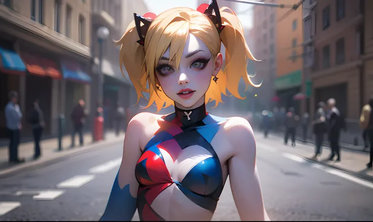 Harley Quinn, Beautiful Blonde Girl, Harley Quinn Beautiful Blonde Red And blue Makeup Full Body Outside On Street ((Skinny Petite)), Photorealistic Photo Masterpiece Realistic Realism Photorealism High Contrast Photorealistic Digital Art Trending in Artst...