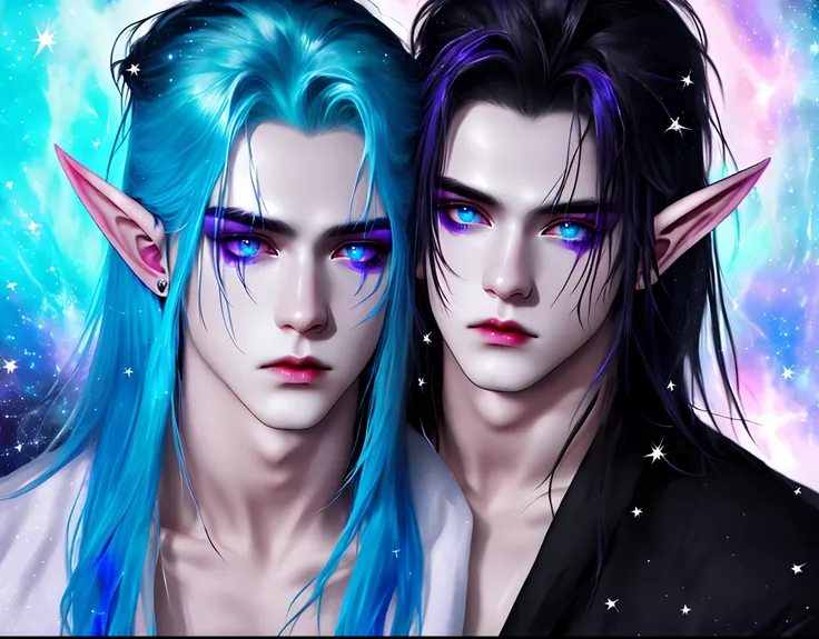 Jeune homme fin dadolescence , black hair with white streaks and bluish highlights , pleins de cicatrices visage et corps , les yeux bleu ciel , Shining Demon Horns Galaxy, peau brillante galaxie , 
couple , amour , 1boy1girl , 
jeune femme , Half elf half...