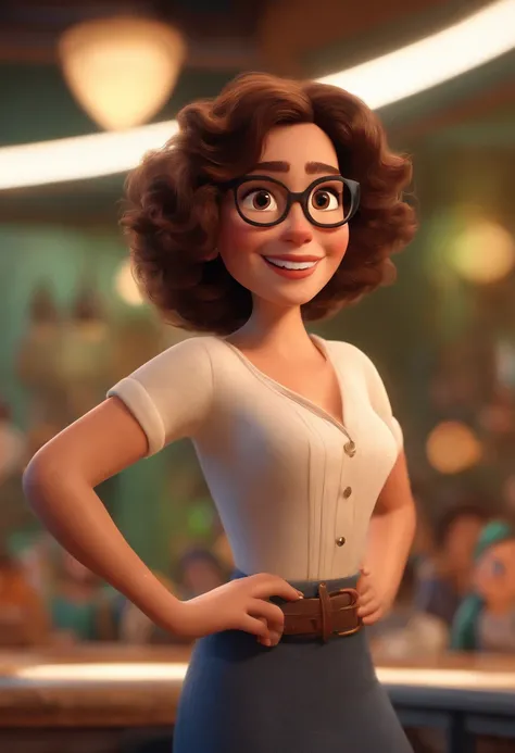 Pixar style image with 3D character white glasses brunette woman short curly hair dancing, Maquiagem Disney,Pescador, bonitinho, sorridente ,Close-up, Pixar, Disney, Cinema lighting, dentro de um jaleco