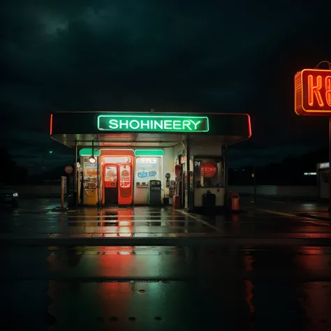 **a black car in front of a neon gas station, in the style of raphael lacoste, photorealistic still life, peter coulson, soggy, christopher balaskas, hd, skeletal