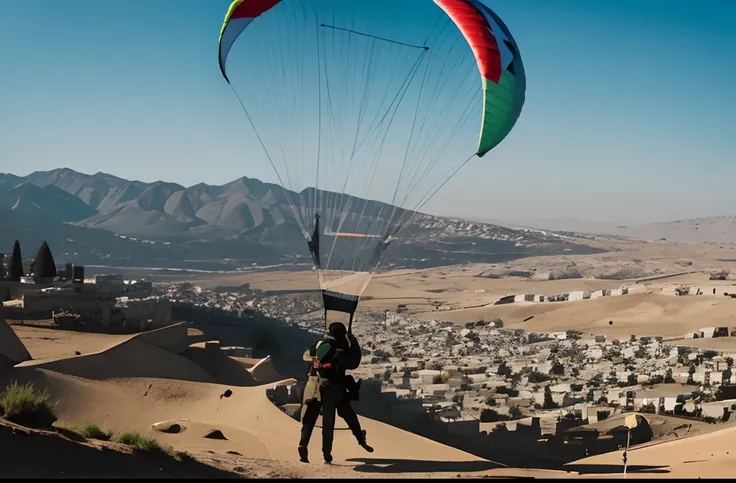 Moslem soldier riding a paraglider, Palestine flag in paracute, carriying AK47 rifle, arround battleground at the city