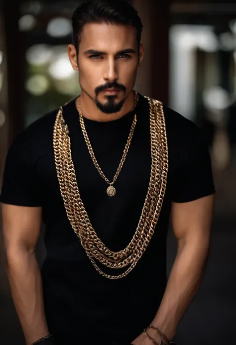 Brunette man black shirt with goatee with chain around neck.