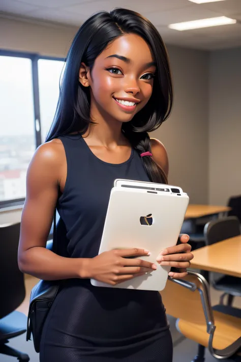 foto de corpo todo, a university student, antisocial, sorridente, darkskin