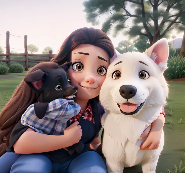 A young girl cuddling with her pinscher dog and her akita dog, estilo Pixar