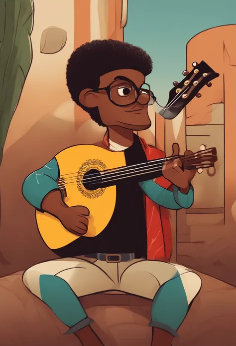 crie um banner no estilo Pixar. A man with Brazilian features, branco com cabelos curtos, Castanhos escuros, Appearance: Tuft and black square glasses, mas jovem, usando uma camiseta, Wearing jeans and holding a classical guitar with 7 strings.