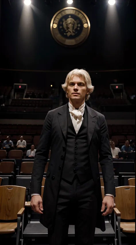 Thomas Jefferson on a stage in a modern arena and modern attire inspiring a crowd with the mantra of If you want something youve never had, you must be willing to do something youve never done