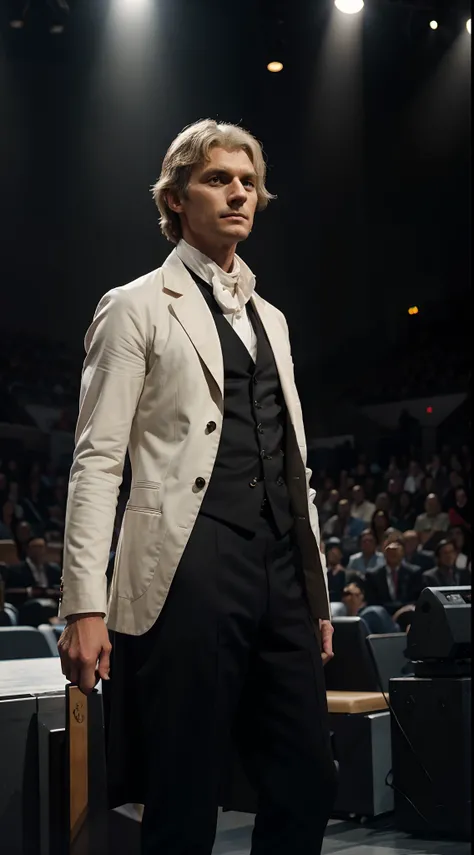 Thomas Jefferson on a stage in a modern arena and modern attire inspiring a crowd with the mantra of If you want something youve never had, you must be willing to do something youve never done