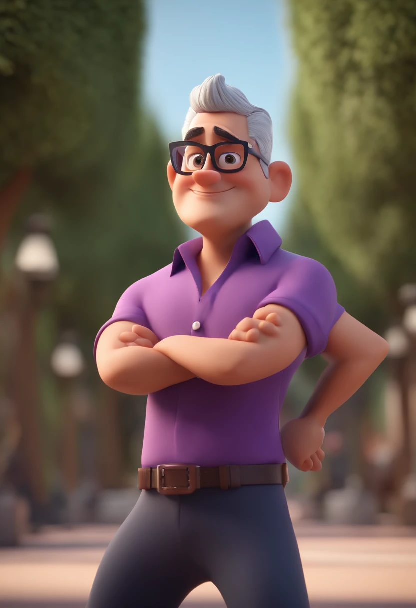 Cartoon character of a short man with black glasses, straight slightly gray hair and a purple shirt, with arms open, animation character, Stylized character, animation style rendering, 3D stylized, Arnold Maya render, 3 d render stylized, toon render keysh...