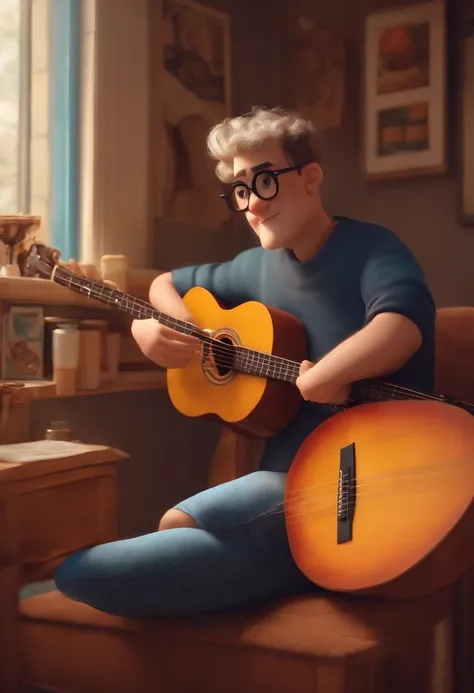 crie um banner no estilo Pixar. Um homem , branco com cabelos curtos, Castanhos escuros, Tuft and black square glasses, homem na casa dos 38, usando uma camiseta, Wearing jeans and holding a classical guitar.