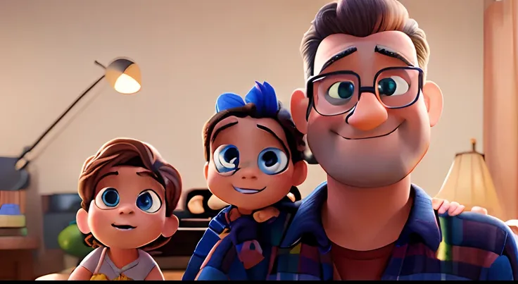 father with his children, disney pixar style, 3d, best quality, high quality