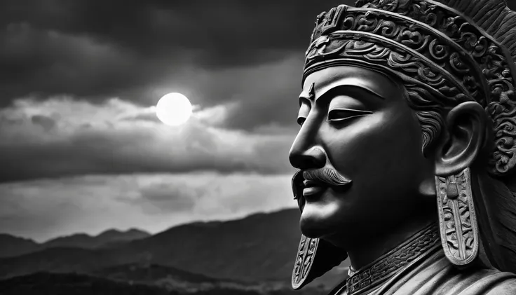 una estatua de retrato del estoico Sun Tzu en blanco y negro 4K,cara lateral, Super realistic wallpaper