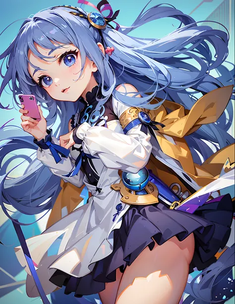 anime girl with blue hair and white dress holding a cell phone, alchemist girl, zerochan art, Portrait Chevaliers du Zodiaque Fille, small curvaceous loli, /! sorceress woman, Anime moe art style, anime in fantasy style, knights of zodiac girl, Stylized an...