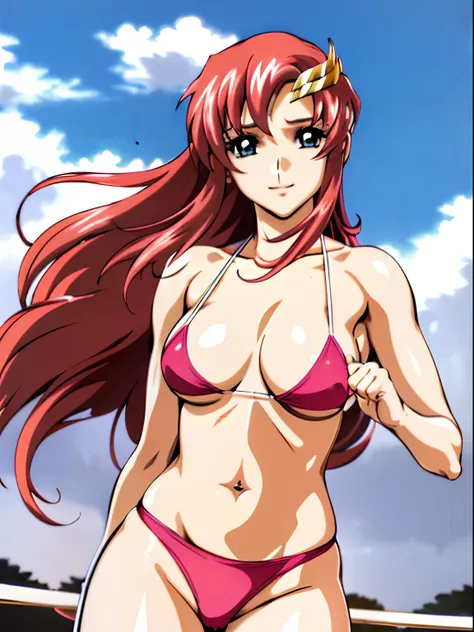 high saturation, outdoor, fighter, hot flame theme, (masterpiece, far view, 4K, Best Quality, Anime style: 1.9,, Adult Woman, ultra detailed face, (cloud background, wrestling), Drawing lines, high resolution, Anime, lacus4), 1girl, Solo, curvy figure, ver...