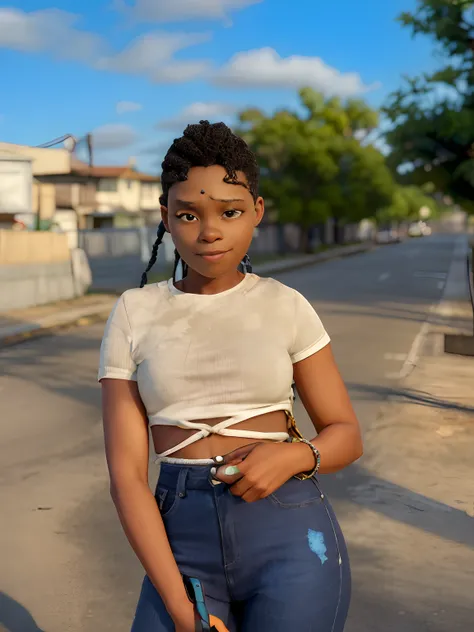 Theres a woman on the street with a cell phone, taken in the early 2020s, ela tem cerca de 1 6 anos de idade, adolescente negra,muito Linda, criar no estilo filme da Disney pixar, imagem ultra realista . Estilo Pixar