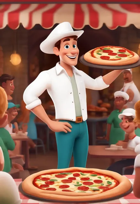 personagem inspirado na disney pixar de um pizzaiolo de pizza, He wears a white hat and a white button-down shirt, is smiling, Holding a pizza in his hand and in the background is a restaurant