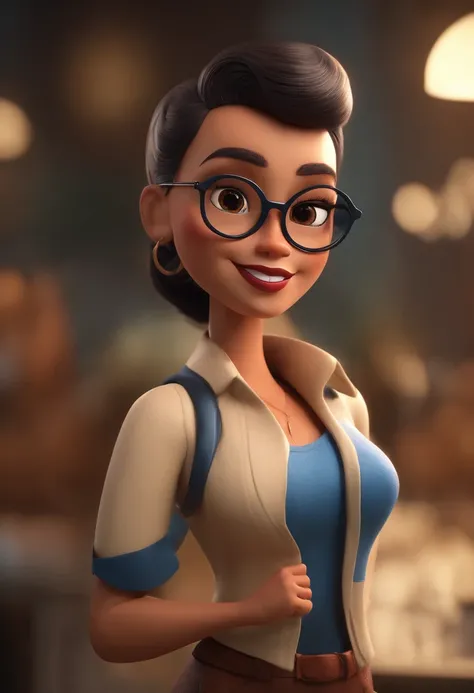 Cartoon character of a woman with black glasses,cabelos pretos e lisos e longos e uma camisa azul, animation character, Caractere estilizado, animation style rendering, 3D estilizado, Arnold Maya render, 3 d render stylized, toon render keyshot, Personagem...