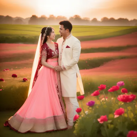 bride and groom in a field of flowers at sunset, lovely couple, professional wedding photography, very beautiful photo, outdoor fine photography, romantic couple, photo taken with nikon d 7 5 0, photo taken with nikon d750, * colour splash *, stunning phot...