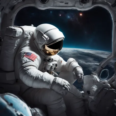 astronaut alone, sad, sitting, with beautiful space background