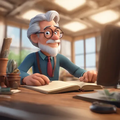 Crie um cartaz inspirado na Disney Pixar com o personagem sendo o pastor Rubens Janier, A gray-haired man wearing glasses, in an office with a Bible on the table