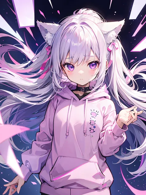 Anime little girl with silver hair, purple eyes, cute And shy face, pink ribbons, pink hoodie with cat ears, 8k sharp