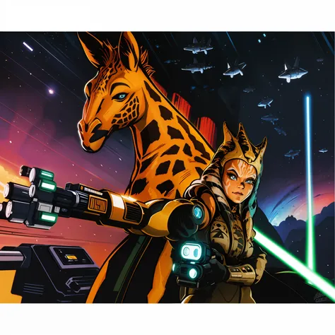 Theres a giraffe with a laser gun, epic full color illustration, color digital illustration, inspirado em Tim Doyle, full-colour illustration, Jen Bartel, Directed by: Tim Doyle, kilian eng cores vibrantes, full-length view, 8 0 s arte sci fi impressa, kil...