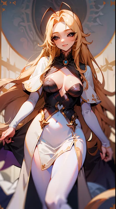 Original Character,8k, Masterpiece, Best Quality,Detailed, Beautiful Detailed Eyes, solo),30 years old,mature female,tall,cleavage,medium breasts,fine skin,black eyes,black sclera,blonde hair,long hair,medusa hair,white pantyhoses,empress white dress,(((ha...