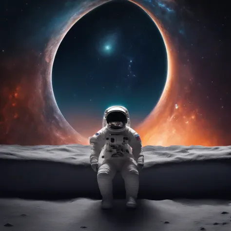 astronaut alone, sad, sitting, with beautiful space background