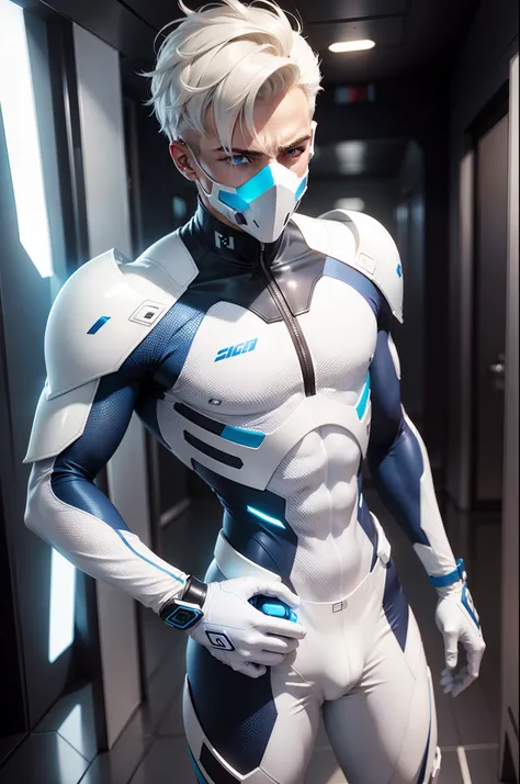 body suit, white and blue suit, (futuristic suit), white gloves, skin tight bodysuit, toned male, teenager, toned male, hands visible, mouth mask