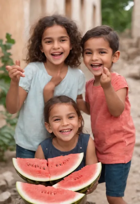 “A picture depicting children in the Middle East, laughing and joking together while enjoying slices of fresh watermelon. They appear cheerful, holding and eating the watermelon slices with their hands. In the background, there is the chaos of war, evident...