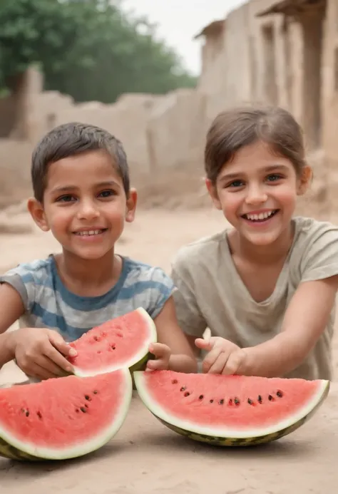 “A picture depicting children in the Middle East, laughing and joking together while enjoying slices of fresh watermelon. They appear cheerful, holding and eating the watermelon slices with their hands. In the background, there is the chaos of war, evident...