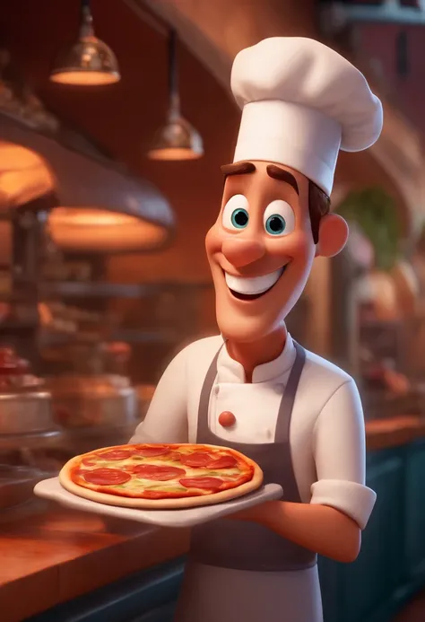 Disney Pixar-inspired character of a pizza maker with a white cap, Camisa do Chef, is smiling, Holding a pizza in hand inside a restaurant