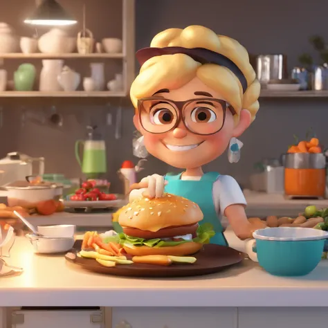 Crie uma cena de desenho animado  estilo 3d -Pixar, Onde uma mulher, de cabelos lisos castanhos com 50 anos de idade, black square glasses, cozinhando saladas , legumes Shes cooking dressed as a pastry chef.