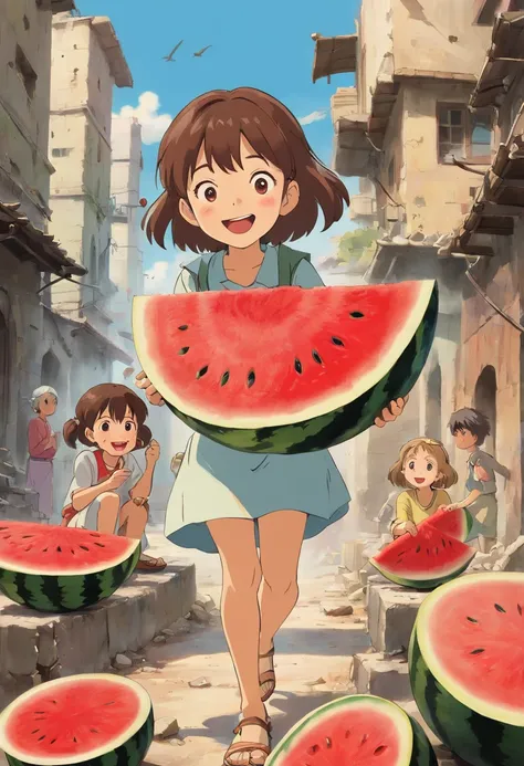 “A picture depicting children in the Middle East, laughing and joking together while enjoying slices of fresh watermelon. They appear cheerful, holding and eating the watermelon slices with their hands. In the background, there is the chaos of war, evident...