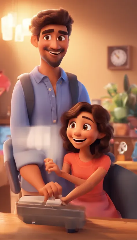 An illustration of an adorable couple, Spotlight on a smiling slim brunette man and a brown woman with beautiful expressive eyes - the mans skin is brown and the mans hair is low, while the womans skin is brown and the womans hair is short and brown. The l...