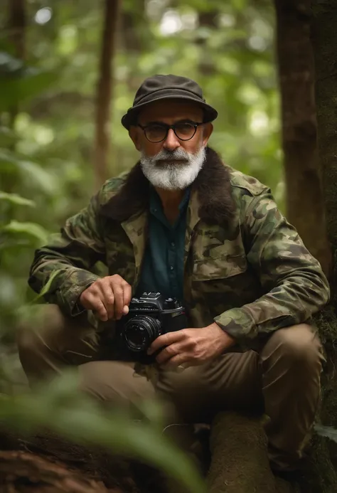 homem 55 anos roupa camuflada fotografando passarinho na floresta, camera zoom lens, bonnet, eyeglass, barba grisalia, cabelo curto