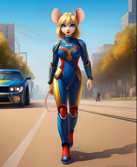 Toronto the female blonde mouse, red lipstick, green metal racers exosuit, blue eyes, blue eyeshadow, walking down