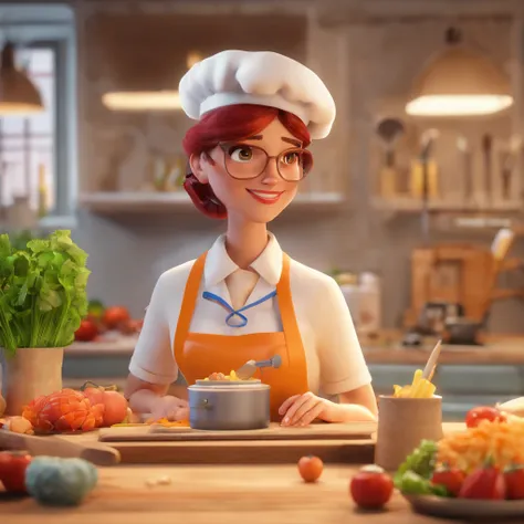 Crie uma cena de desenho animado  estilo 3d -Pixar, Onde uma mulher, de cabelos lisos castanhos escuro 50 anos de idade,  Making Healthy Lunchboxes .Shes cooking dressed as a pastry chef.