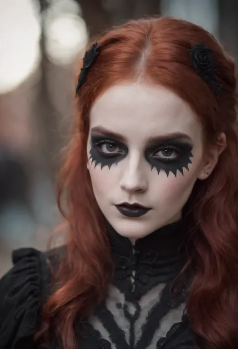 A red-haired teenage girl with black makeup and gothic clothes, her eyes slightly slanted and bandages on her arms