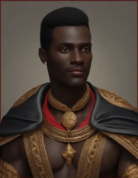 Man with black skin, souriant, arched eyebrows, Porter un haut-de-forme noir, Longs favoris, barbiche triangulaire, Porter une cape noire, torse nu, tenant un trident, Ultra detailded, ultra realist, 8k