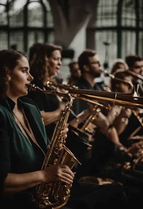 Uma grande orquestra de sopro com muitas pessoas garotas e garotos tocando,  saxofones, flautas, trompete,  trombone, clarinete, todos os instrumentos bem detalhados com garotos tocando na maior alegria jovens bonitos tocando, A setting of a large conserva...