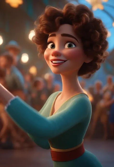 Pixar style image with 3D character white glasses brunette woman short curly hair dancing, Maquiagem Disney,Pescador, bonitinho, sorridente ,Close-up, Pixar, Disney, Cinema lighting,